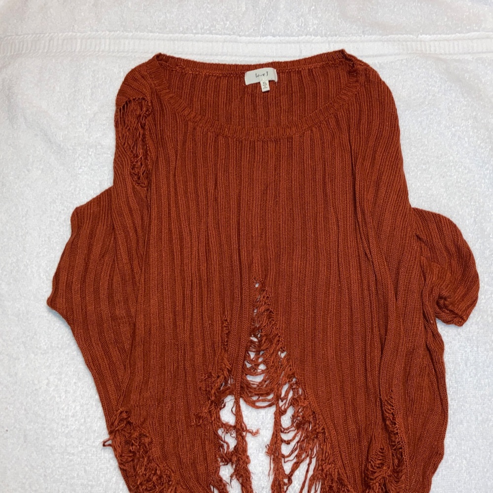 Women's Short Sleeve Cropped Top Rust Sweater with Fringe